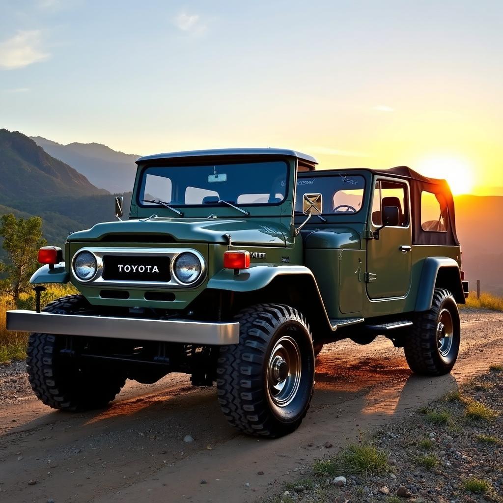 A stunning and imaginative blend of a 1970 Toyota Land Cruiser 2F and a modern Jeep Wrangler, showcasing the ruggedness and vintage charm of both vehicles