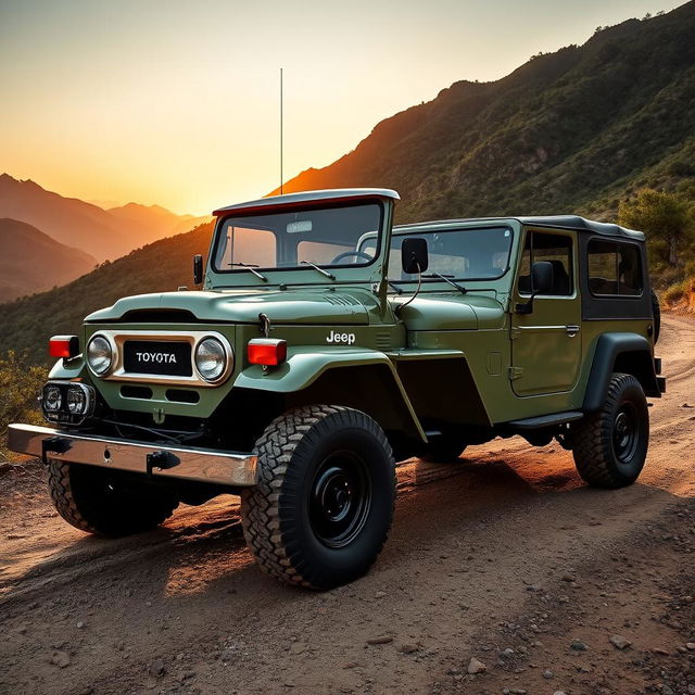 A stunning and imaginative blend of a 1970 Toyota Land Cruiser 2F and a modern Jeep Wrangler, showcasing the ruggedness and vintage charm of both vehicles