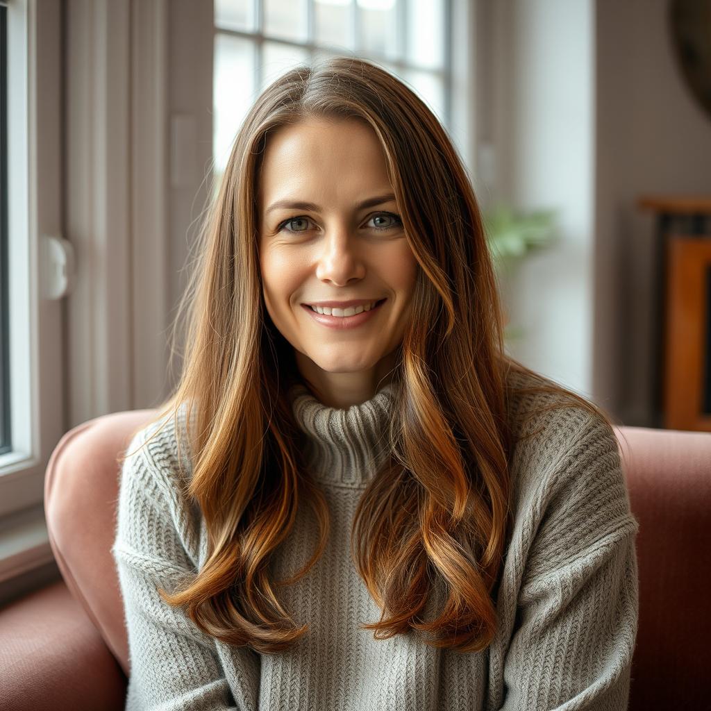 A woman aged between 30 and 35 years, featuring chestnut brown hair and a European appearance, dressed in a stylish sweater