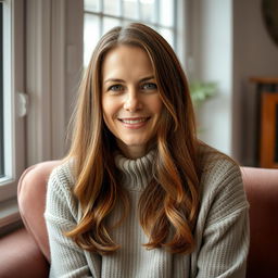 A woman aged between 30 and 35 years, featuring chestnut brown hair and a European appearance, dressed in a stylish sweater