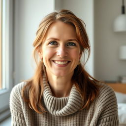 A woman aged between 30 and 35 years, featuring chestnut brown hair and a European appearance, dressed in a stylish sweater