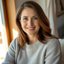 A woman aged between 30 and 35 years, featuring chestnut brown hair and a European appearance, dressed in a stylish sweater