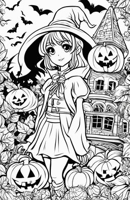 Anime-style Halloween coloring page featuring a girl in a witch costume, surrounded by spooky elements like jack-o'-lanterns, bats, and a haunted house