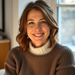A woman aged between 30 and 35 years, featuring chestnut brown hair and a European appearance, dressed in a stylish sweater