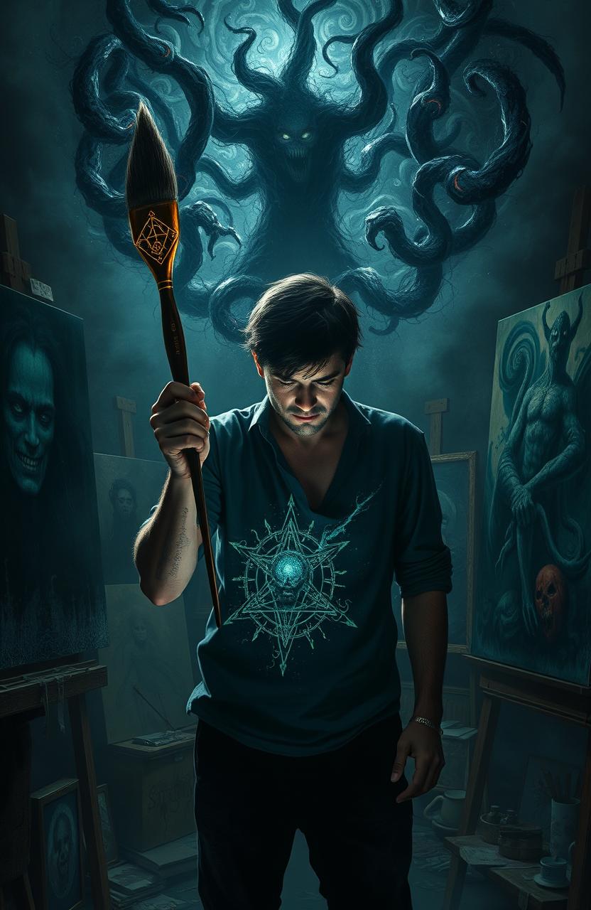 An intense scene featuring an introverted artist named Andy Silvario in his dimly lit studio, surrounded by canvases filled with haunting images