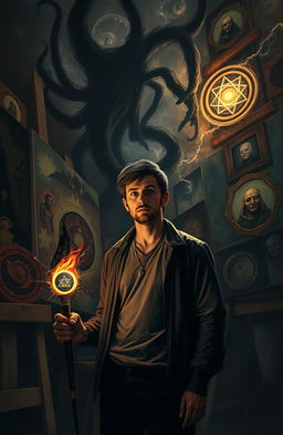 An intense scene featuring an introverted artist named Andy Silvario in his dimly lit studio, surrounded by canvases filled with haunting images