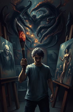 An intense scene featuring an introverted artist named Andy Silvario in his dimly lit studio, surrounded by canvases filled with haunting images