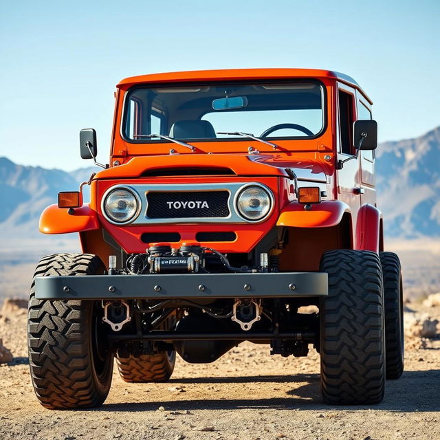 A unique vehicle design that combines the classic 1970 Toyota Land Cruiser 2F with the modern 2024 Jeep Wrangler