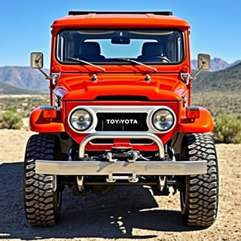 A unique vehicle design that combines the classic 1970 Toyota Land Cruiser 2F with the modern 2024 Jeep Wrangler