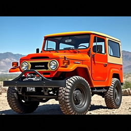 A unique vehicle design that combines the classic 1970 Toyota Land Cruiser 2F with the modern 2024 Jeep Wrangler