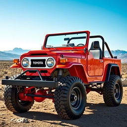 A unique vehicle design that combines the classic 1970 Toyota Land Cruiser 2F with the modern 2024 Jeep Wrangler