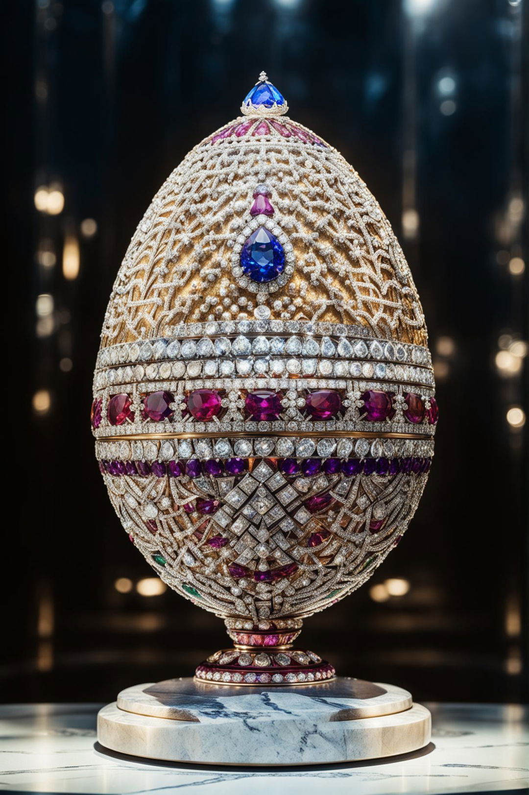 A spectacular Fabergé egg on display in a museum, its precious gemstones sparkling under soft lighting.