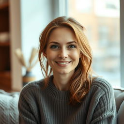 A woman aged between 30 and 35 years, with chestnut brown hair and a European appearance, wearing a stylish sweater