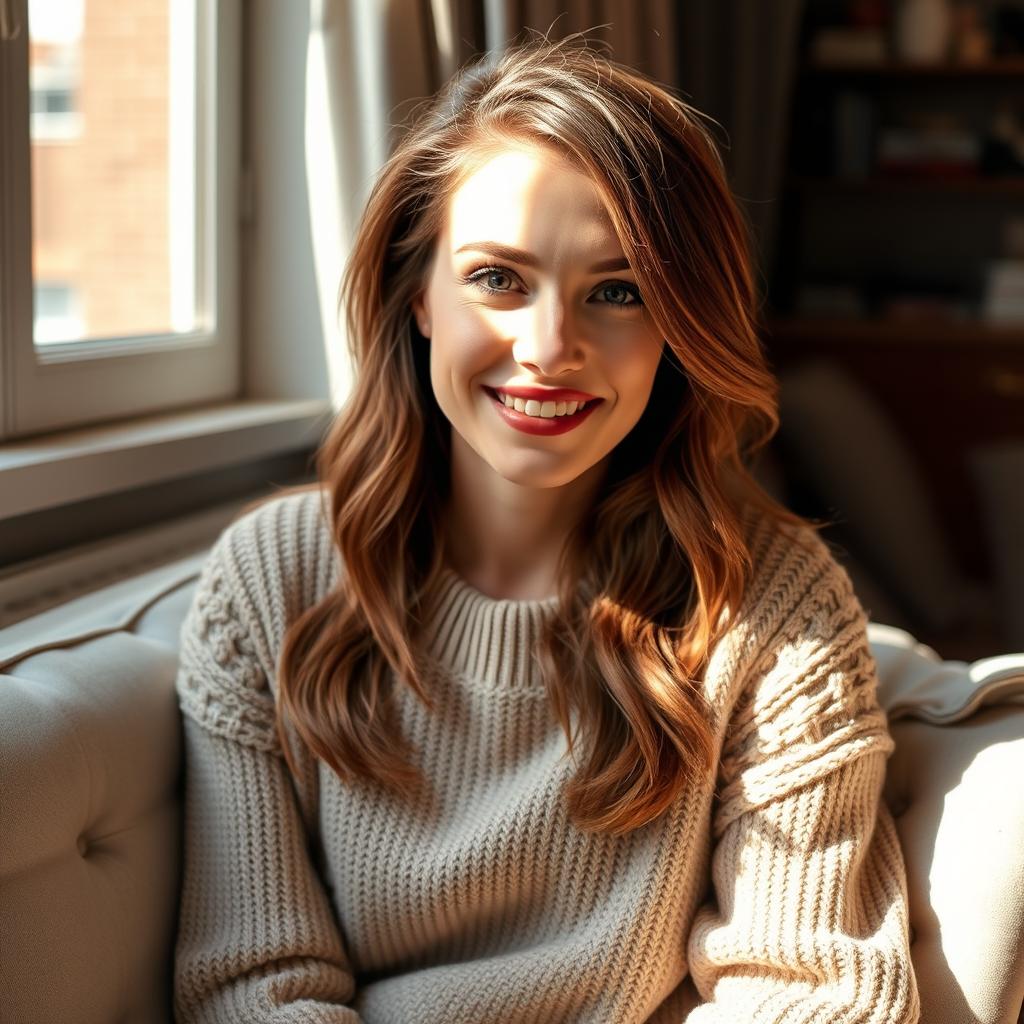 A woman aged between 30 and 35 years, with chestnut brown hair and a European appearance, wearing a stylish sweater