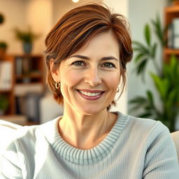 A woman aged between 30 and 45 years, with chestnut brown hair and a European appearance, wearing a stylish and comfortable sweater