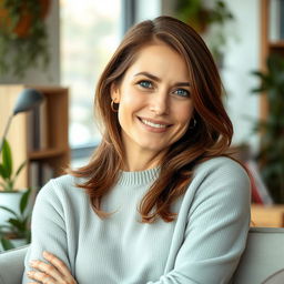 A woman aged between 30 and 45 years, with chestnut brown hair and a European appearance, wearing a stylish and comfortable sweater