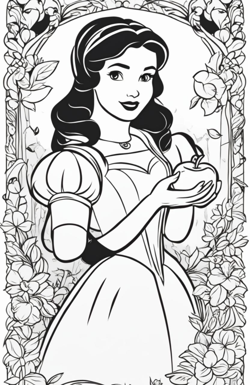 Disney-style coloring page featuring Princess Snow White with an apple in her hand and elements from her story in the background