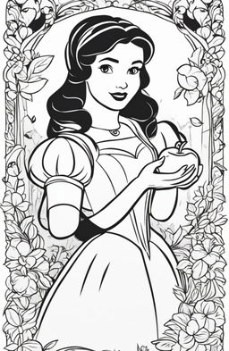 Disney-style coloring page featuring Princess Snow White with an apple in her hand and elements from her story in the background