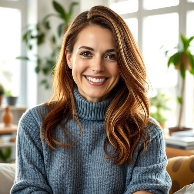 A woman aged between 30 and 45 years, with chestnut brown hair and a European appearance, wearing a stylish and comfortable sweater