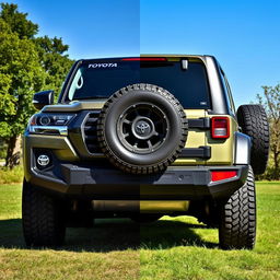A stunning fusion between the front of a 2024 Toyota Land Cruiser 2F and the rear of a 2024 Jeep Wrangler