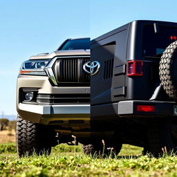 A stunning fusion between the front of a 2024 Toyota Land Cruiser 2F and the rear of a 2024 Jeep Wrangler