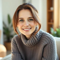 A woman aged between 30 and 45 years, with chestnut brown hair and a European appearance, wearing a fashionable and cozy sweater