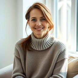 A woman aged between 30 and 45 years, with chestnut brown hair and a European appearance, wearing a fashionable and cozy sweater