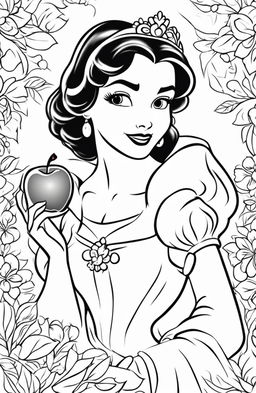 Disney-style coloring page featuring Princess Snow White with an apple in her hand and elements from her story in the background