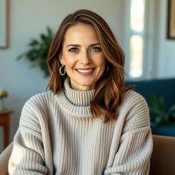 A woman aged between 30 and 45 years, with chestnut brown hair and a European appearance, wearing a fashionable and cozy sweater