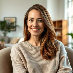A woman aged between 30 and 45 years, with chestnut brown hair and a European appearance, wearing a fashionable and cozy sweater