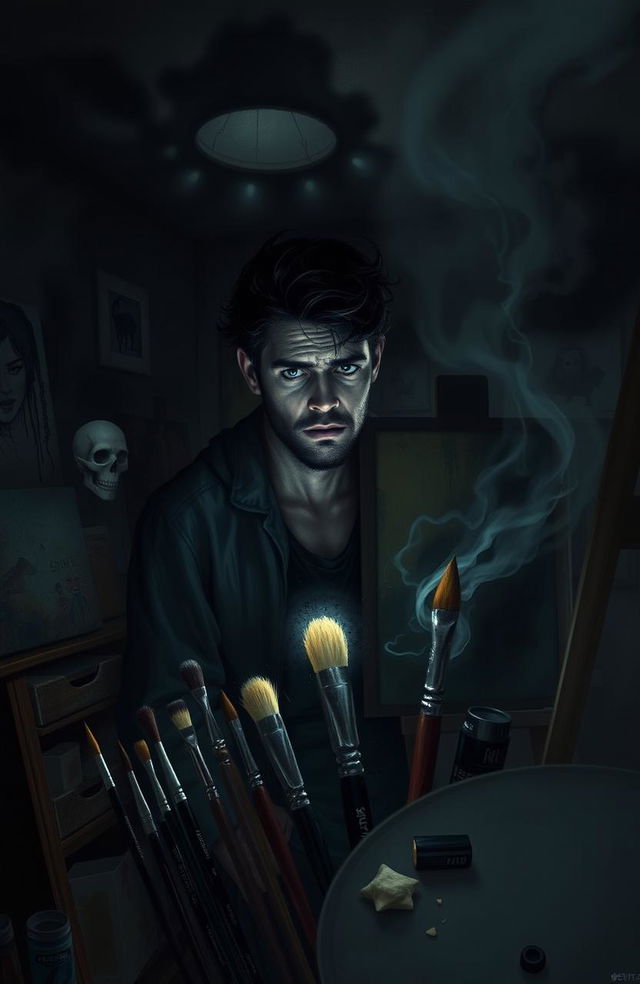 A haunting scene depicting an introverted artist, Andy Silvario, in his dimly lit studio filled with canvases and art supplies