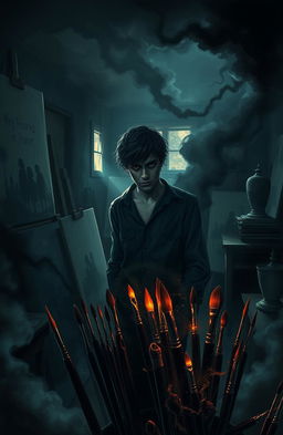 A haunting scene depicting an introverted artist, Andy Silvario, in his dimly lit studio filled with canvases and art supplies