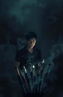 A haunting scene depicting an introverted artist, Andy Silvario, in his dimly lit studio filled with canvases and art supplies