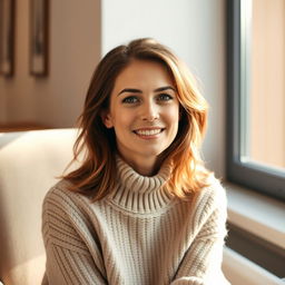 A woman aged between 30 and 45 years, with chestnut brown hair and a European appearance, dressed in a stylish and cozy sweater