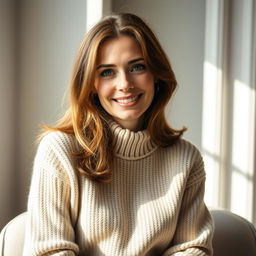 A woman aged between 30 and 45 years, with chestnut brown hair and a European appearance, dressed in a stylish and cozy sweater