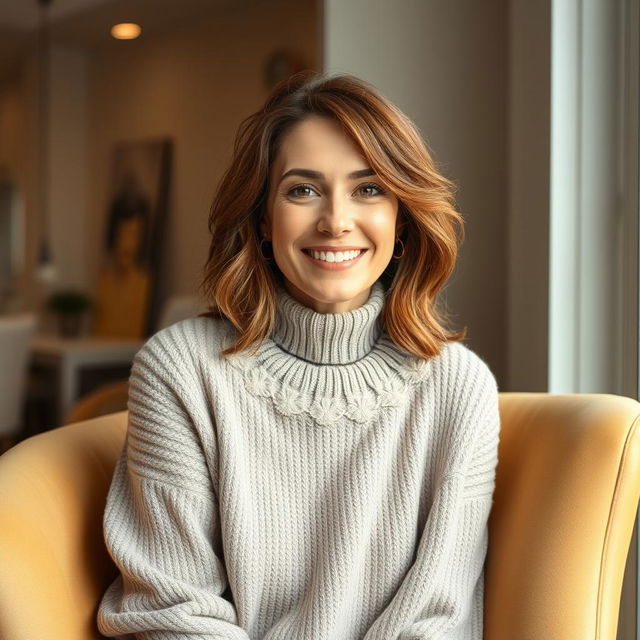 A woman aged between 30 and 45 years, with chestnut brown hair and a European appearance, dressed in a stylish and cozy sweater