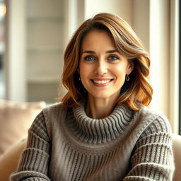 A woman aged between 30 and 45 years, with chestnut brown hair and a European appearance, dressed in a stylish and cozy sweater