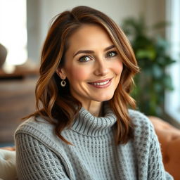 A woman aged between 30 and 45 years, with chestnut brown hair and a European appearance, dressed in a cozy and stylish sweater
