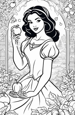 Disney-style coloring page featuring Princess Snow White with an apple in her hand and elements from her story in the background