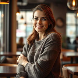 A woman aged between 30 and 45 years, with chestnut brown hair and a European appearance, dressed in a stylish and cozy sweater