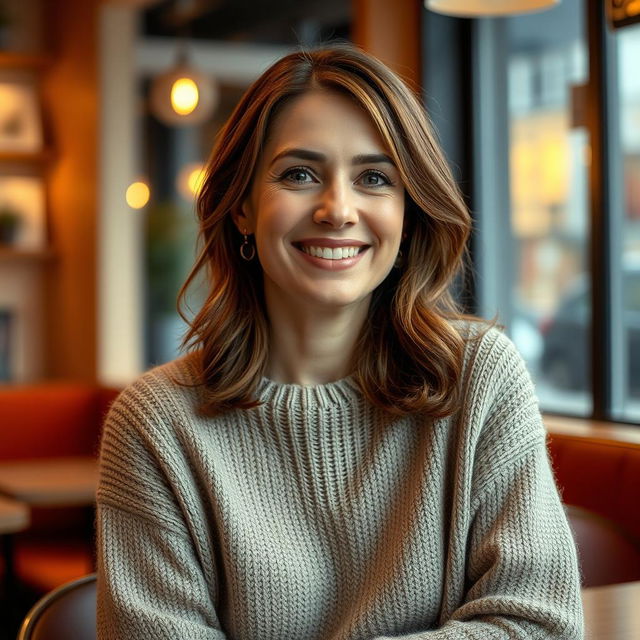 A woman aged between 30 and 45 years, with chestnut brown hair and a European appearance, dressed in a stylish and cozy sweater