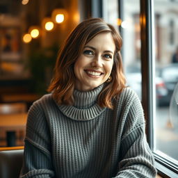 A woman aged between 30 and 45 years, with chestnut brown hair and a European appearance, dressed in a stylish and cozy sweater