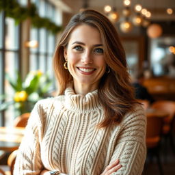 A woman aged between 30 and 45 years, with chestnut brown hair and a European appearance, dressed in a cozy and fashionable sweater