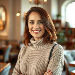 A woman aged between 30 and 45 years, with chestnut brown hair and a European appearance, dressed in a cozy and fashionable sweater