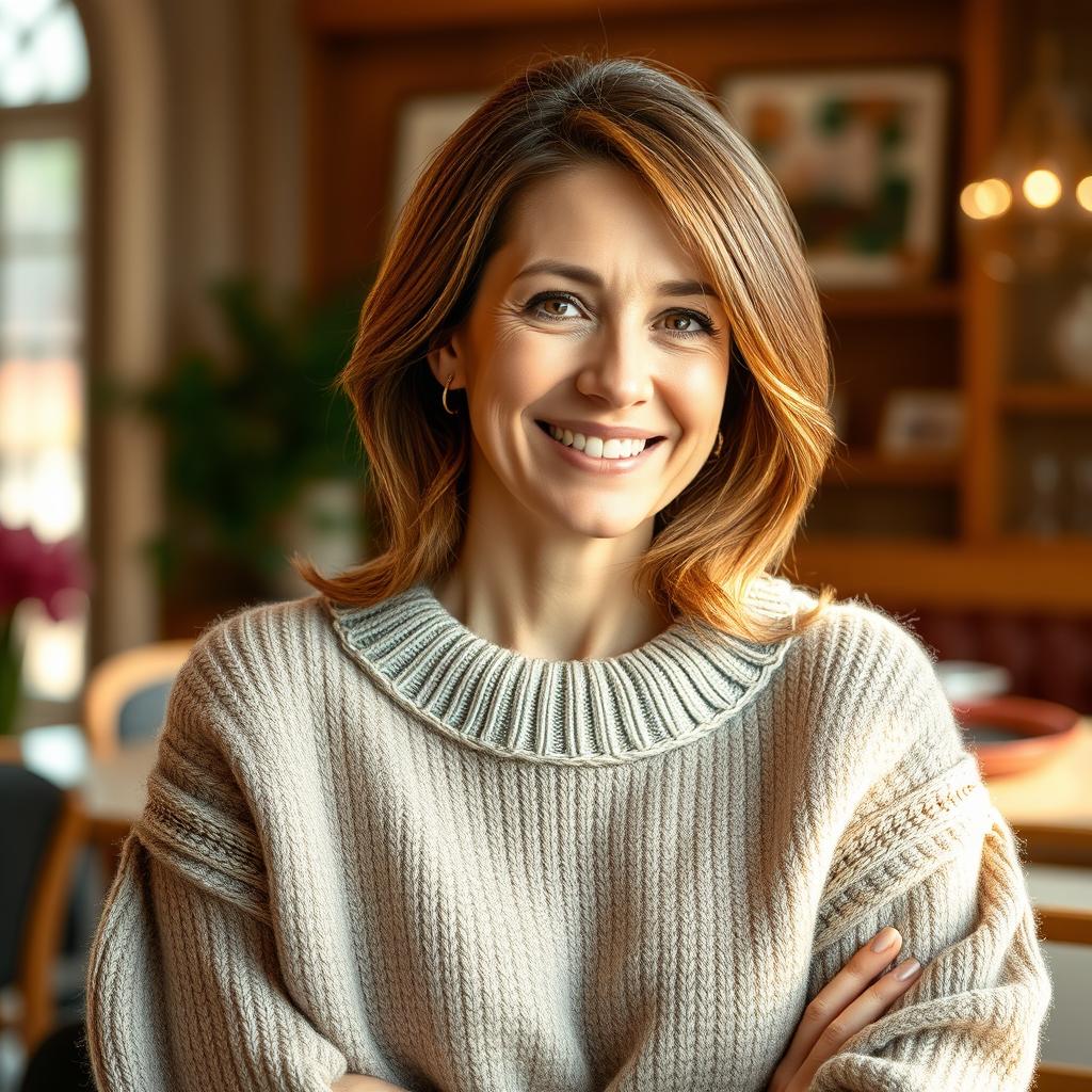 A woman aged between 30 and 45 years, with chestnut brown hair and a European appearance, dressed in a cozy and fashionable sweater
