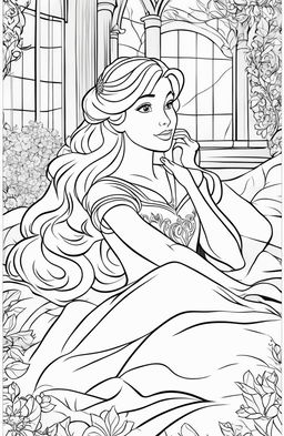 Disney-style coloring page featuring Princess Aurora in a peaceful slumber with elements from her story in the background.