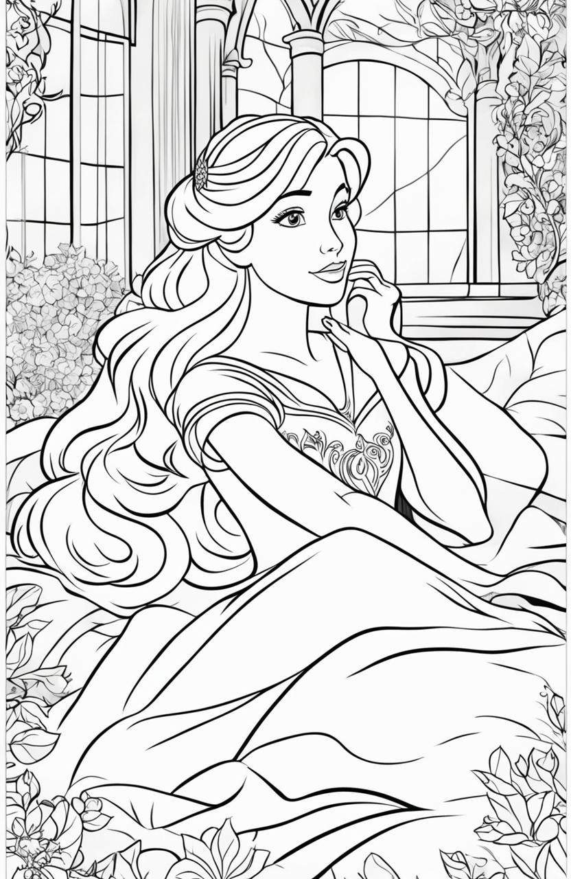 Disney-style coloring page featuring Princess Aurora in a peaceful slumber with elements from her story in the background.