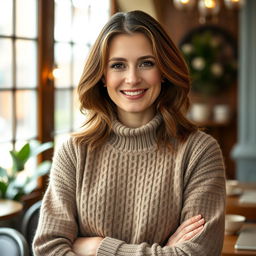A woman aged between 30 and 45 years, with chestnut brown hair and a European appearance, dressed in a cozy and fashionable sweater
