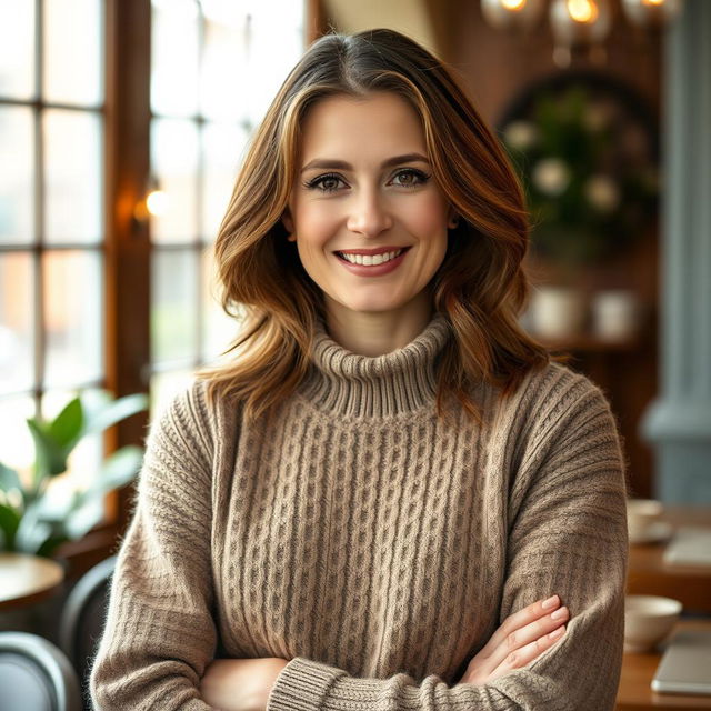 A woman aged between 30 and 45 years, with chestnut brown hair and a European appearance, dressed in a cozy and fashionable sweater