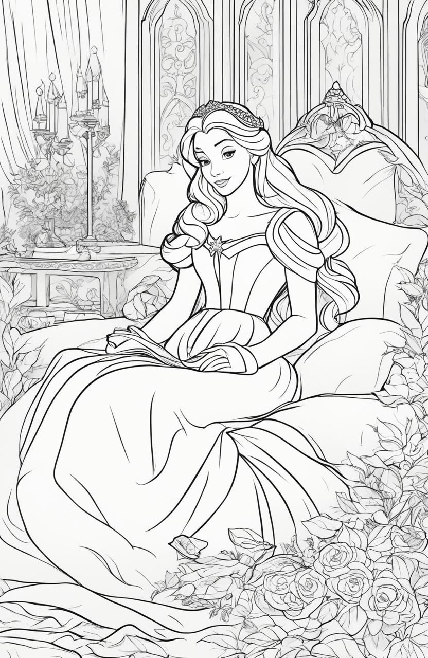 Disney-style coloring page featuring Princess Aurora in a peaceful slumber with elements from her story in the background.